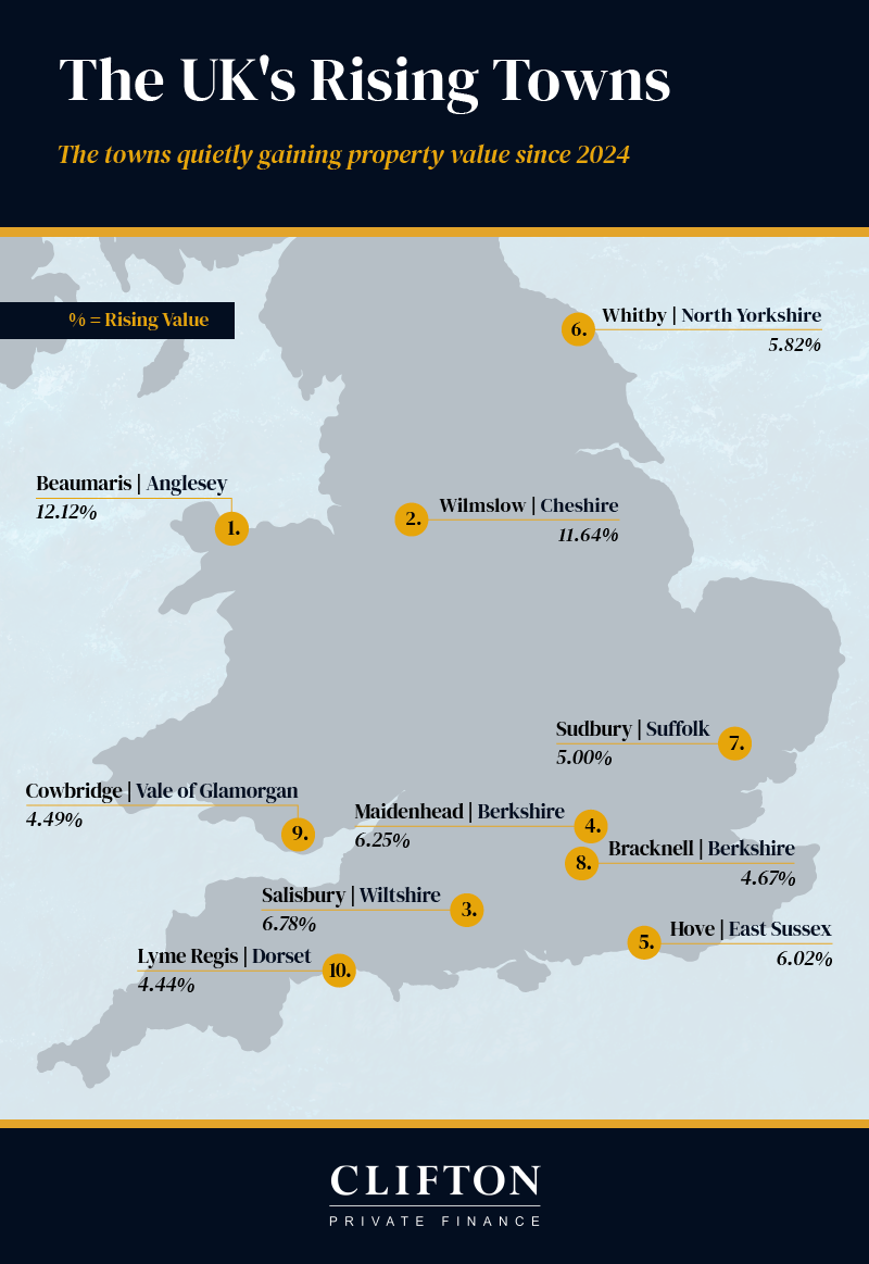 Map of the UK market towns where property prices has grown fastest over the last year.