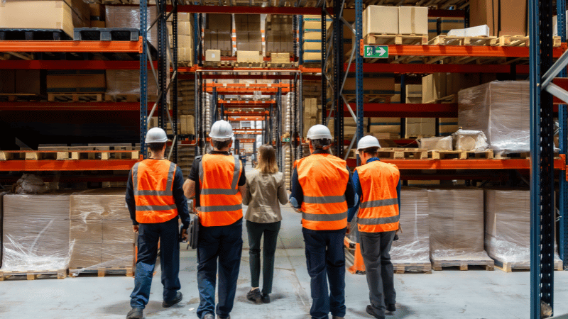 A team of four warehouse workers and a manager in safety vests walking down an aisle in a large, well-stocked warehouse, representing a logistics business.