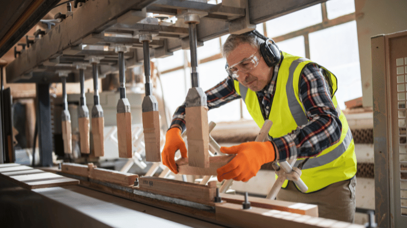 A skilled worker in safety gear operating a large piece of woodworking machinery in a factory, representing the manufacturing industry.