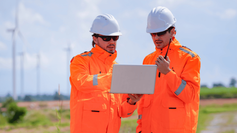 A focused male electrician in a white hard hat and overalls works on a complex set of pipes with a wrench, representing a skilled tradesperson.