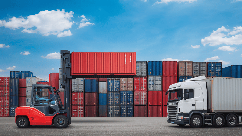 A red forklift loading a shipping container onto the back of a white lorry, with stacks of other containers in the background under a blue sky.